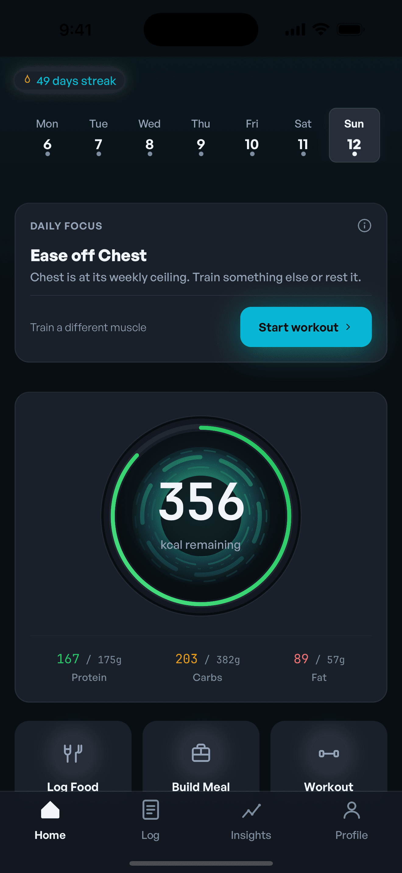 Daily focus card telling you which muscle to train today, with the calorie ring and streak
